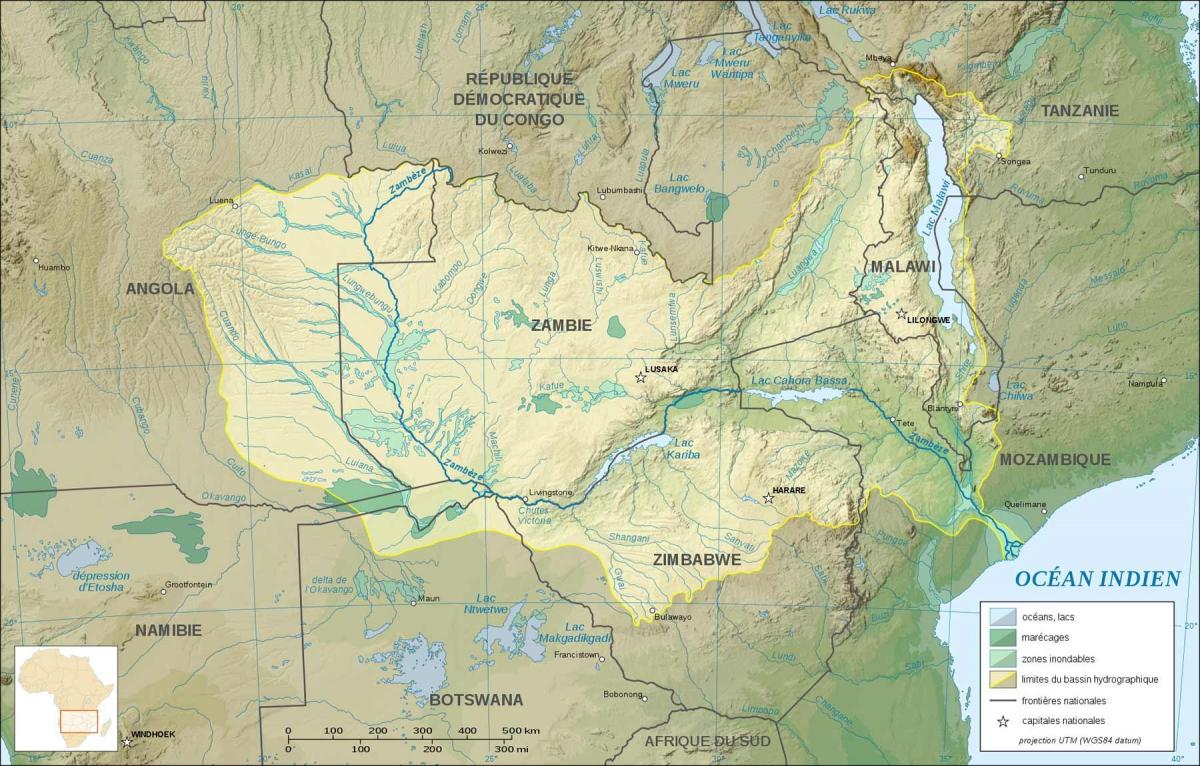 bản đồ của Zambia đang ở sông, hồ